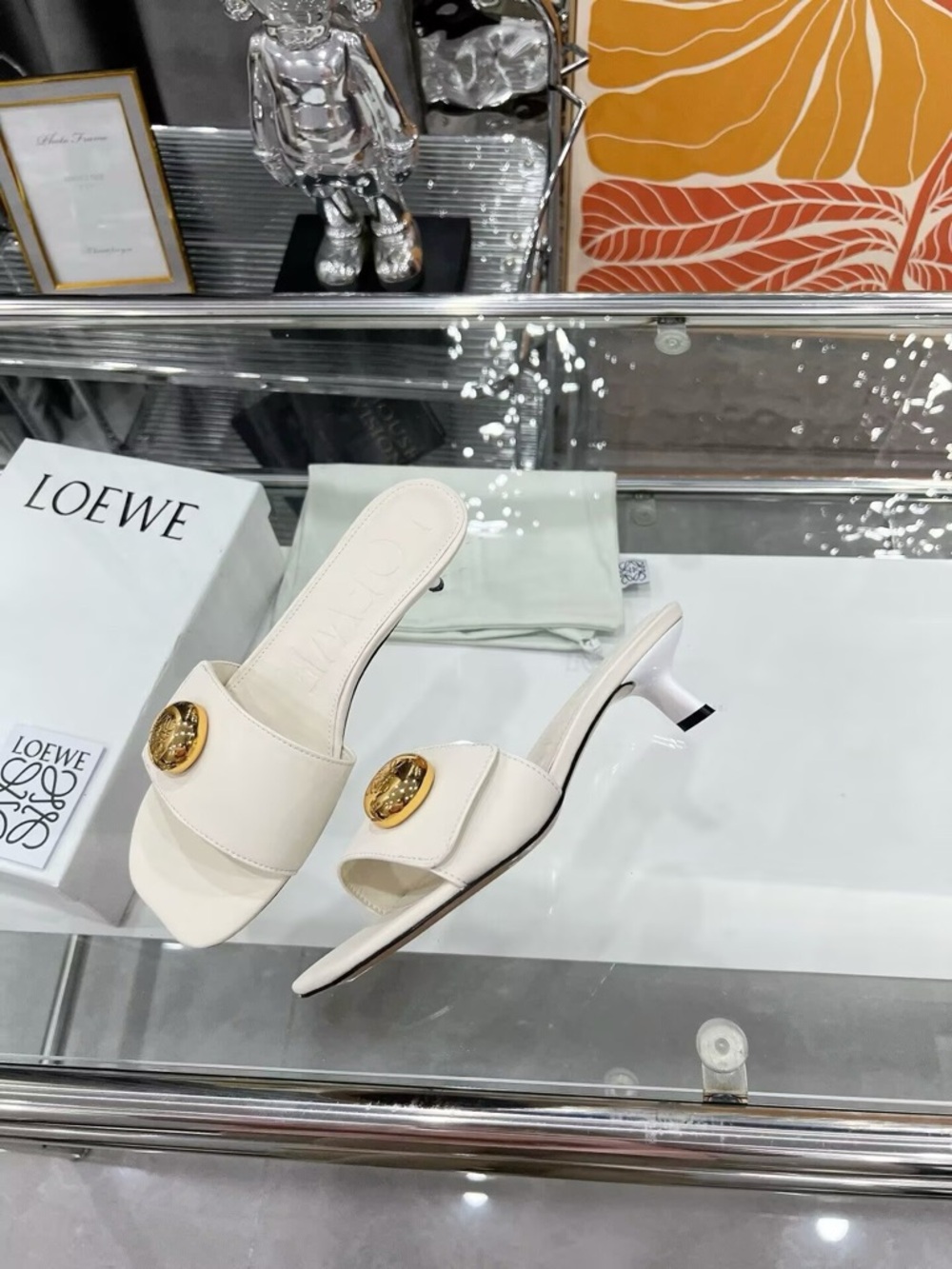 Loewe Cream Leather Slide Mules with Gold Medallion - Picture 5 of 7